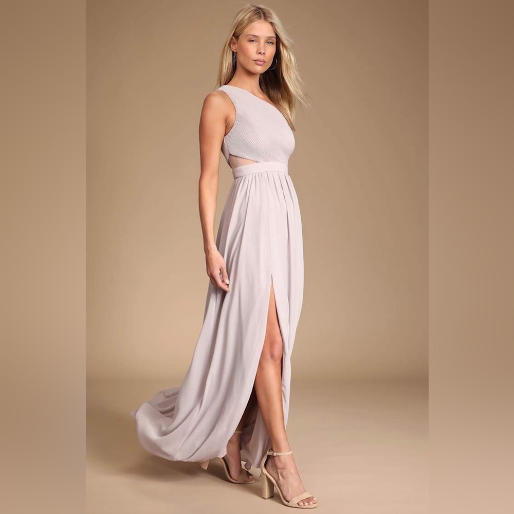 Lulu's 'Lovely Endings' Dusty Lilac One-Shoulder Pleated Maxi Dress, size Large